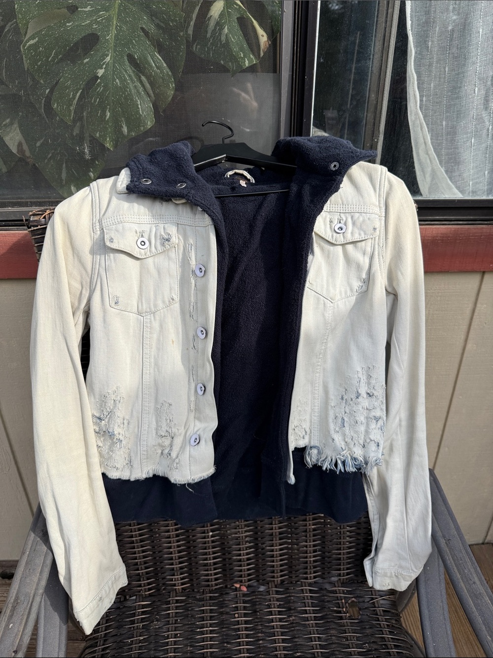 Free People Cream Distressed Light Washed Jean Jacket with Navy Lining Size SM